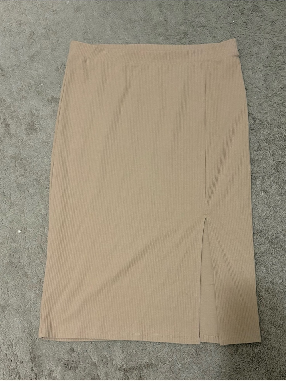 Ribbed Taupe Pencil Midi Skirt with Side Slit